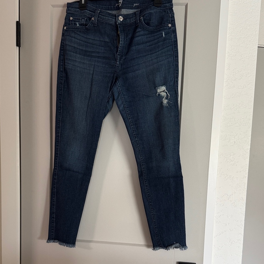 7 For All Mankind Distressed Dark Blue Ankle Jeans